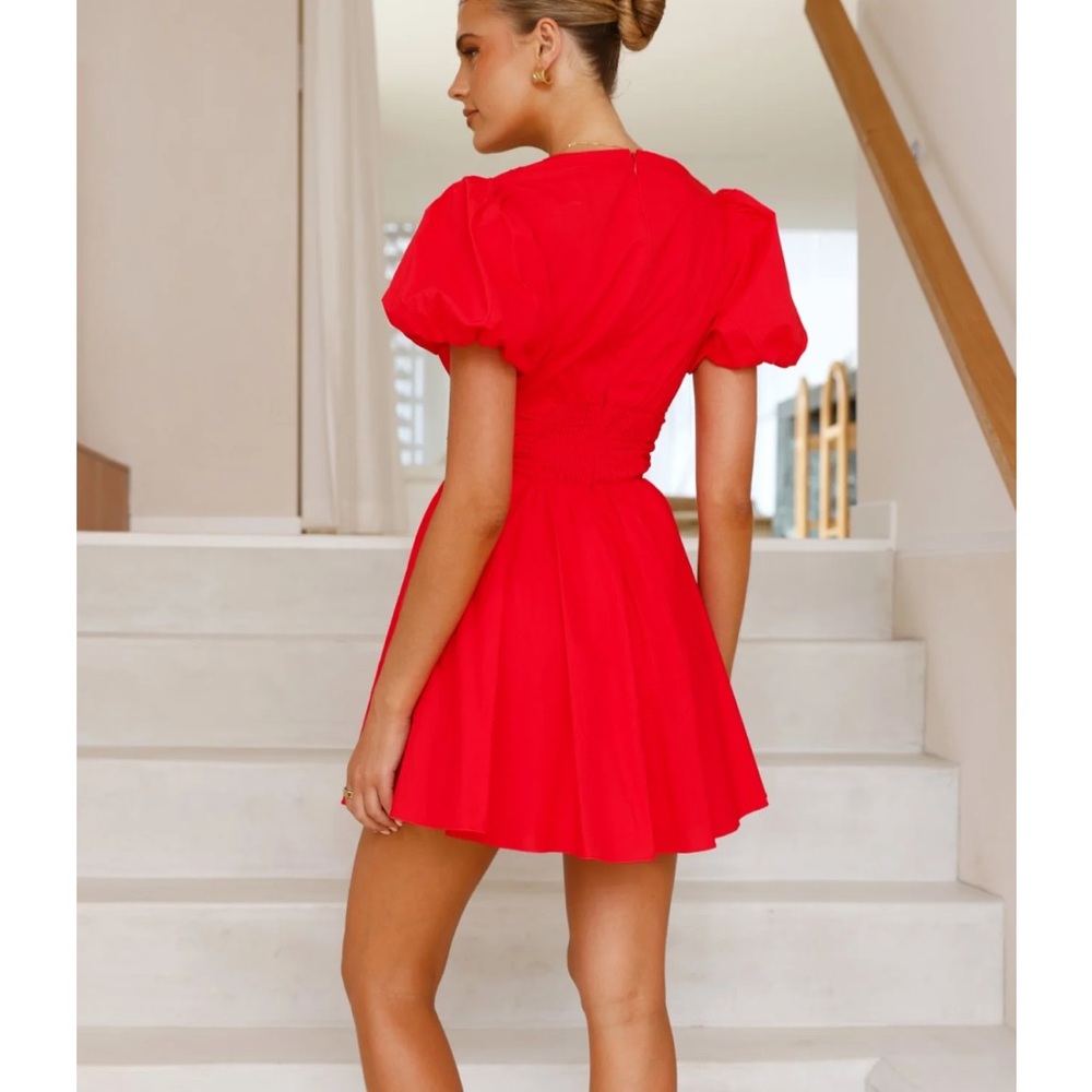 Red Tie Front Puff Sleeve Mini Dress - Picture 3 of 3